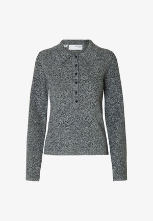 Grå stickad pullover med krage, med knäppning fram och långa ärmar. Texturen är mjuk med en vanlig passform.