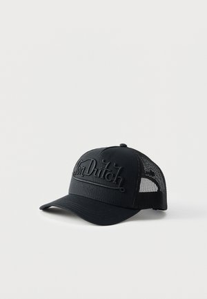 Casquette trucker en mesh noire avec une visière courbée et un logo en relief "Von Dutch Originals" sur le panneau avant.