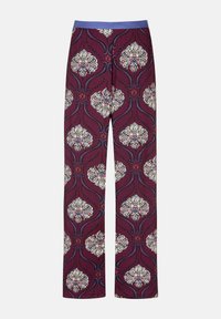 Bordeaux leggings van stof met een bloemenpatroon en ingewikkelde ontwerpen in het wit, blauw en rood. Elastische tailleband in het blauw.