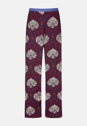 Leggings in tessuto bordeaux con un motivo floreale caratterizzato da disegni intricati in bianco, blu e rosso. Vita elasticizzata blu.