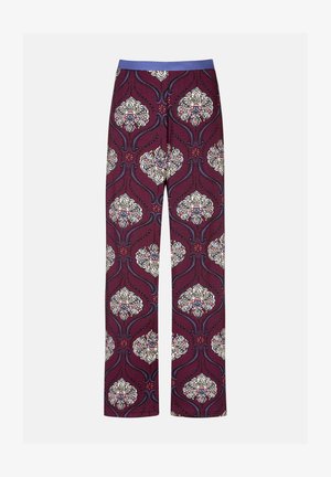 Bordeaux leggings van stof met een bloemenpatroon en ingewikkelde ontwerpen in het wit, blauw en rood. Elastische tailleband in het blauw.