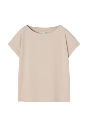 Cămașă scurtă bej cu mâneci scurte, cu un guler rotund larg, confecționată dintr-un material moale. Prezintă o croială lejeră și cusături simple. Fără modele sau accente.