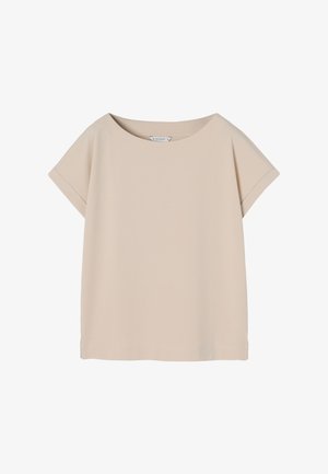 Beige tričko s krátkym rukávom, širokým okrúhlym výstrihom, vyrobené z mäkkého materiálu. Má voľný strih a jednoduché švy. Bez vzorov alebo ozdôb.