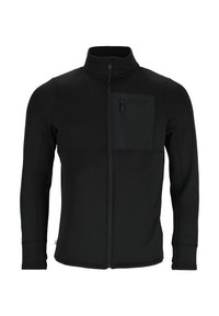 Schwarze Fleecejacke mit durchgehendem Reißverschluss, hohem Kragen, langen Ärmeln und Reißverschlusstasche auf der linken Brustseite.