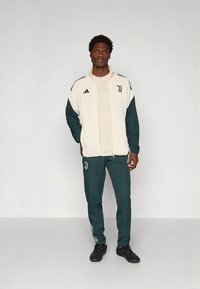 Adidas trenirka v krem in temno zeleni barvi. Jakna z zadrgo, dolgimi rokavi, logotipom na prsih. Hlače z elastičnim pasom in črtastimi poudarki.