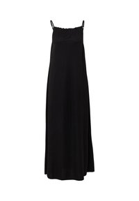 Schwarzes Maxikleid aus weichem Stoff. Hat dünne Träger, einen rüschierten Ausschnitt und eine fließende Silhouette mit seitlichen Schlitzen.