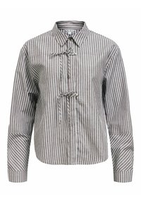 Stribet skjorte i grå og hvid, med en button-down krave, front lukning med toggles, og lange ærmer med en afslappet pasform.