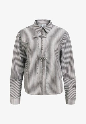 Gestreiftes Hemd in Grau und Weiß, mit Button-Down-Kragen, vorderer Toggle-Verschluss und langen Ärmeln in lockerer Passform.