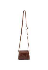 Borsa a tracolla in pelle marrone con forma rettangolare, chiusura a ribalta e lunga tracolla. Finitura lucida con dettagli cuciti.