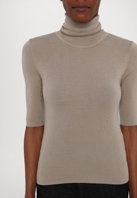 Suéter de cuello alto beige hecho de tela acanalada, con mangas cortas y ajuste ceñido. Superficie texturizada con costuras sutiles.
