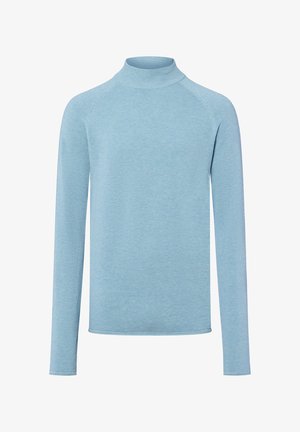 Helles blaues Rollkragenpullover aus strukturiertem Strick. Verfügt über lange Raglanärmel und einen enganliegenden Kragen. Glatte Oberfläche mit einem lässigen Design.