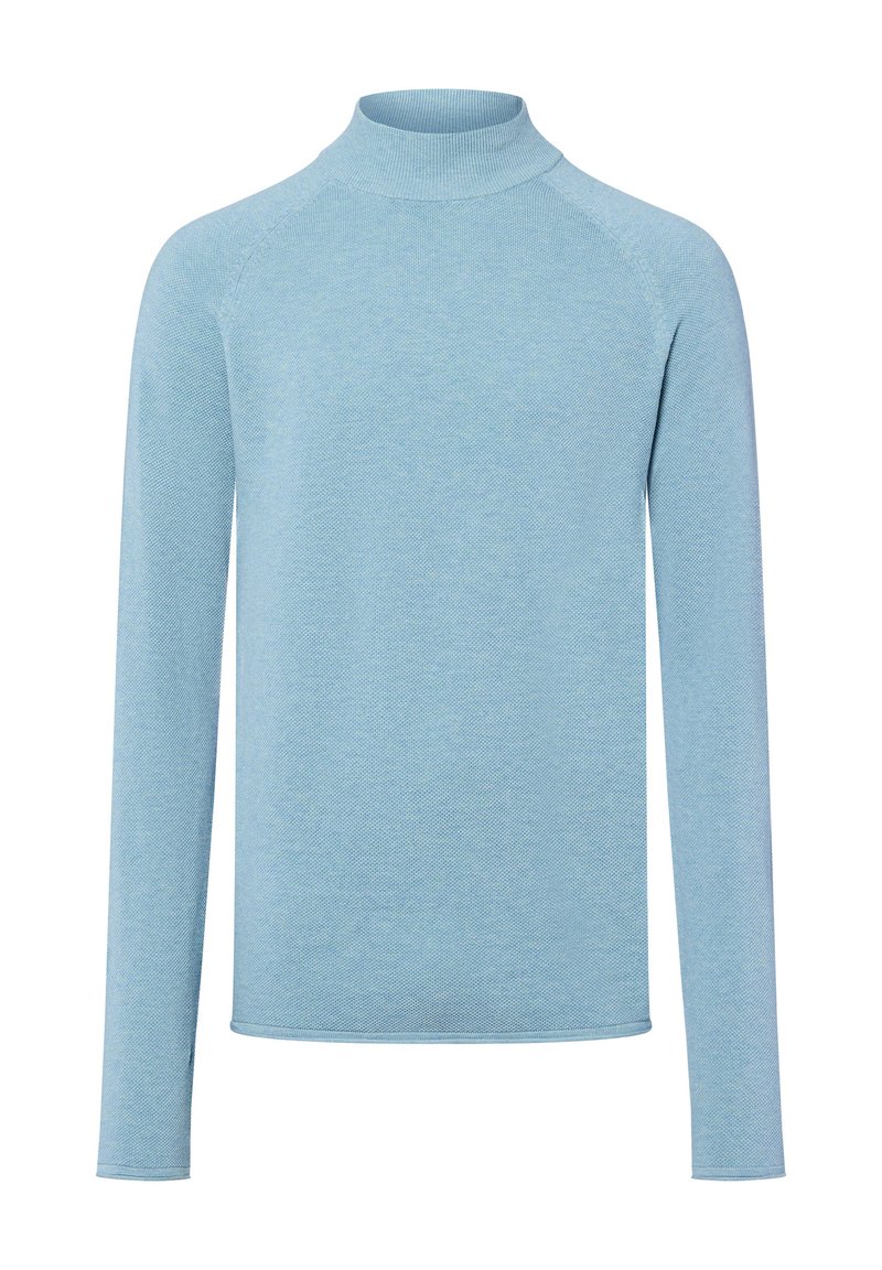 Helles blaues Rollkragenpullover aus strukturiertem Strick. Verfügt über lange Raglanärmel und einen enganliegenden Kragen. Glatte Oberfläche mit einem lässigen Design.