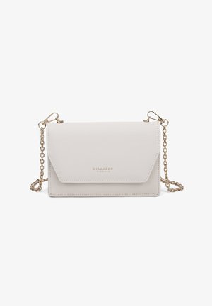 Beige rectangular crossbody bag made of textured synthetic material, featuring a gold chain strap and a flap closure with embossed logo.