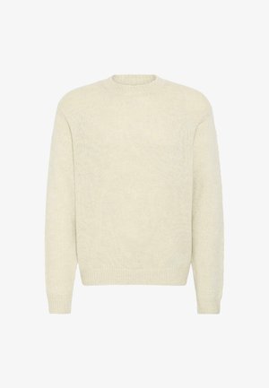 Lichtbeige gebreide trui met een ronde hals, lange mouwen en geribbelde manchetten en zoom. Gemaakt van zachte, gestructureerde stof.