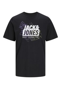 Sort bomulds t-shirt med et grafisk design, hvor "JACK&JONES" er i hvidt og et flerfarvet kortoutlinemønster. Korte ærmer, rund hals.