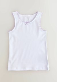Top bianco senza maniche con rifiniture viola e un piccolo fiocco lavanda al collo. Tessuto morbido, design semplice, vestibilità classica.