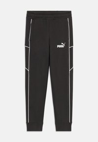 Zwarte joggerbroek van zacht materiaal, met witte accenten en een PUMA-logo. Voorzien van een elastische tailleband en zijzakken.