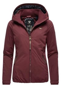 Bordowa kurtka o dopasowanym kroju, z zapięciem na zamek z przodu, prążkowanymi mankietami i kapturem. Wewnątrz wykończona podszewką w kwiatowy wzór. Zamek błyskawiczny w bocznych kieszeniach.