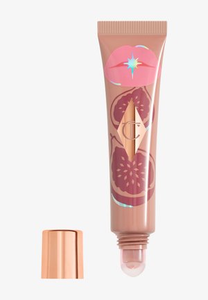 Lip gloss in a soft pink tube with fruit illustrations and a rose gold cap. Features a rollerball applicator for easy use.