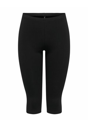 Sorte knælange tætsiddende leggings med elastisk talje, vist forfra på hvid baggrund.