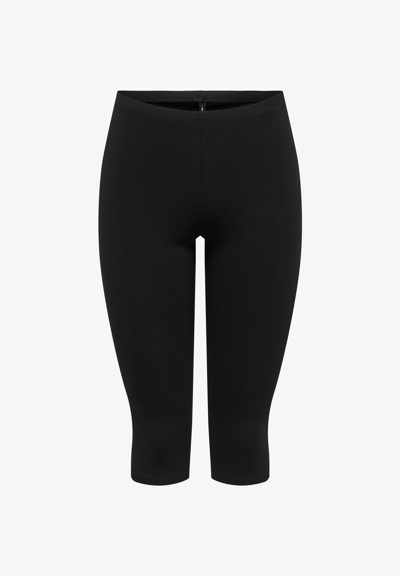 Leggings noirs ajustés longueur genoux avec une ceinture élastique, montrés de face sur un fond blanc.