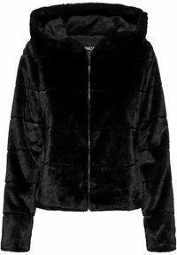 Veste en fausse fourrure noire avec matelassage horizontal, fermeture éclair intégrale sur le devant et col montant.