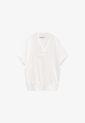 Witte korte mouw top met een V-halslijn, gemaakt van gladde stof. Heeft een geplooide zoom en een losse pasvorm, wat zorgt voor een ontspannen silhouet.