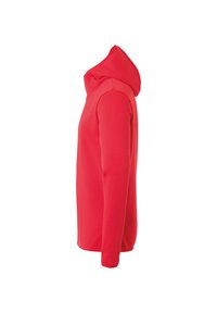 Felpa rossa con cappuccio, maniche lunghe, tessuto testurizzato e un grande cappuccio. Presenta un design aderente e cuciture lisce sui lati.