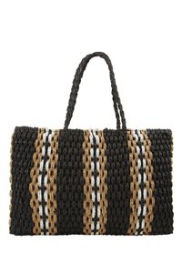 Torba tote w kolorze czarnym, z paskami w kolorze złotym, białym i brązowym. Posiada dwie plecione uchwyty. Teksturowany design poprawia chwyt.