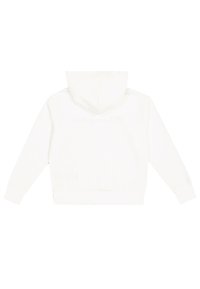 Felpa bianca con cappuccio, caratterizzata da una texture morbida, polsini a costine e un design con tasca a marsupio nella parte anteriore.
