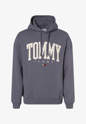 Dunkelgrauer Kapuzenpullover mit dem Schriftzug „TOMMY JEANS“ und kleinem roten, weißen und marineblauen Logo vorne, mit Fronttasche und Kordelzug.