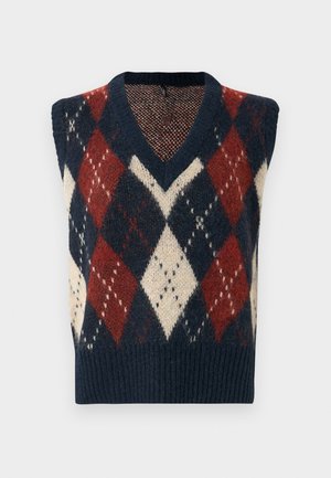 Navy blue sleeveless vest in wool blend, featuring a diamond pattern in red, cream, and blue hues, with a V-neck and ribbed hem.