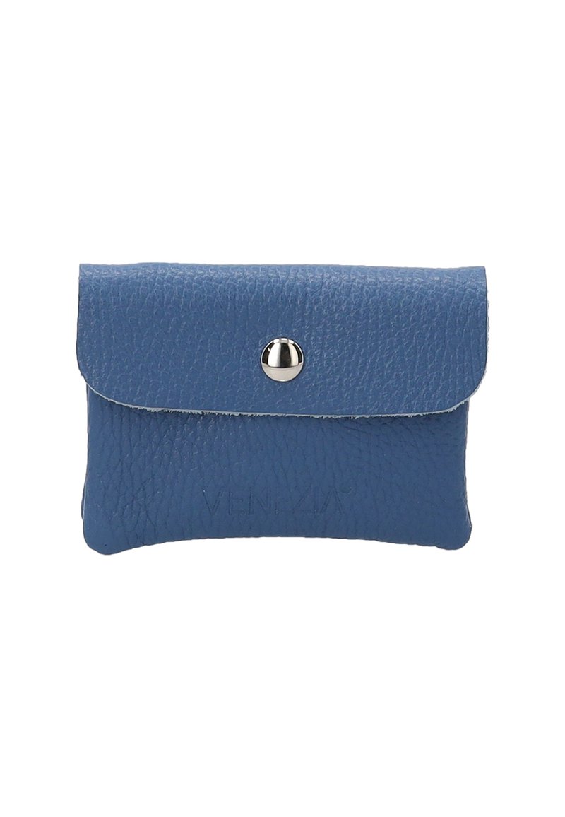 Blue leather cardholder with a textured surface, rounded edges, and a snap closure. Features embossed logo on the front.