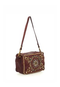 Borsa a tracolla in pelle marrone di forma rettangolare, decorata con borchie dorate e argentate e ricami intricati. Presenta una tracolla e una chiusura con zip.