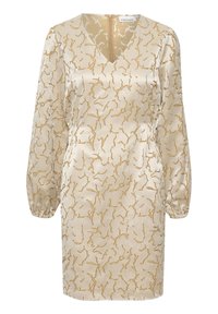 Beige sidentklänning med V-ringning, långa puffärmar och ett texturerat guldabstrakt mönster. Elastisk midja för formning. Dragkedja bak.