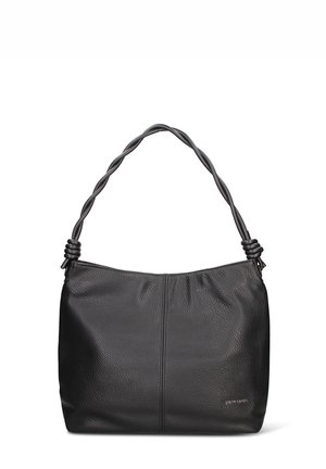Borsa hobo in pelle nera con superficie strutturata, tracolla attorcigliata e parte superiore arricciata. Presenta un marchio discreto sul davanti.