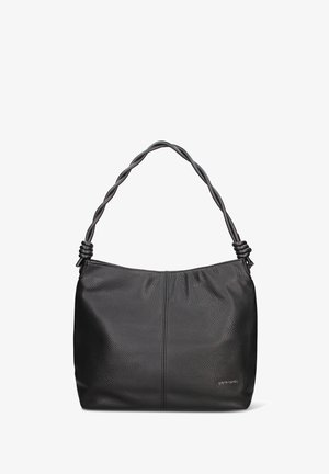 Borsa hobo in pelle nera con superficie strutturata, tracolla attorcigliata e parte superiore arricciata. Presenta un marchio discreto sul davanti.