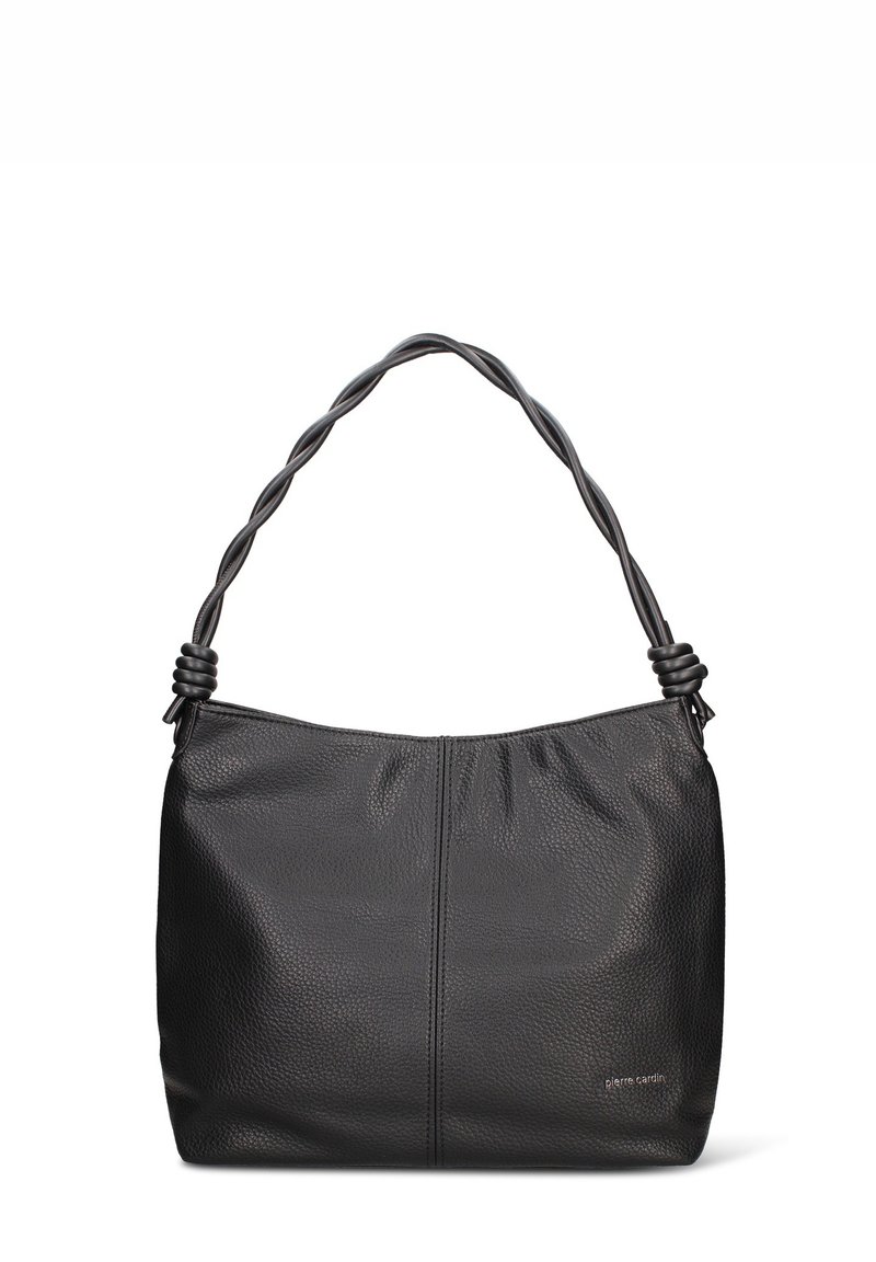 Borsa hobo in pelle nera con superficie strutturata, tracolla attorcigliata e parte superiore arricciata. Presenta un marchio discreto sul davanti.