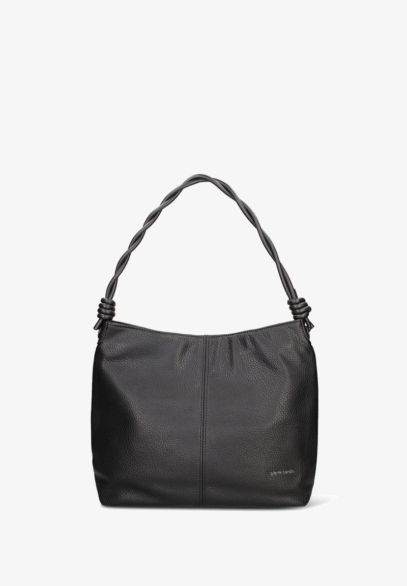 Borsa hobo in pelle nera con superficie strutturata, tracolla attorcigliata e parte superiore arricciata. Presenta un marchio discreto sul davanti.