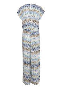 Laiseltas, täispikk jumpsuit lühikeste käistega, elastse vöökohtadega ning sinise, beeži, musta ja valge tooni zigzagmustriga.