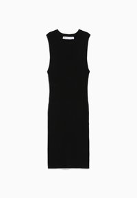 Robe noire moulante sans manches en ribbed avec un col rond, confectionnée dans un matériau en tricot texturé, de longueur genou.
