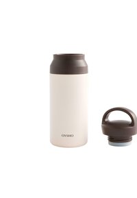 Rustfrit stål termoflaske med en mat cremet finish og mørkebrun hætte. Inkluderer et aftageligt låg med et håndtag for nem transport.