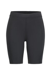 Shorts da ciclismo neri a vita alta, realizzati in materiale elasticizzato con una texture liscia, caratterizzati da un design aderente e cuciture senza soluzione di continuità.