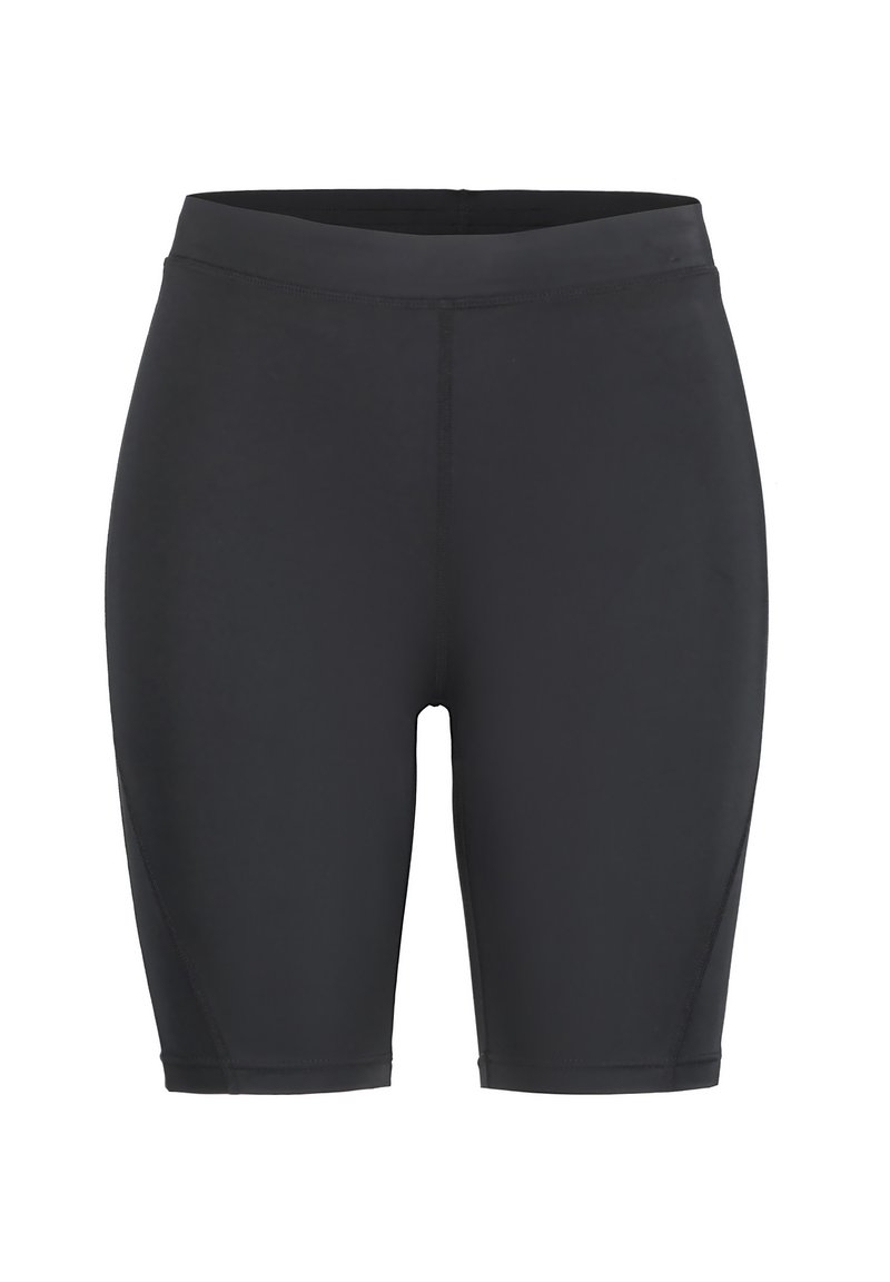 Shorts da ciclismo neri a vita alta, realizzati in materiale elasticizzato con una texture liscia, caratterizzati da un design aderente e cuciture senza soluzione di continuità.