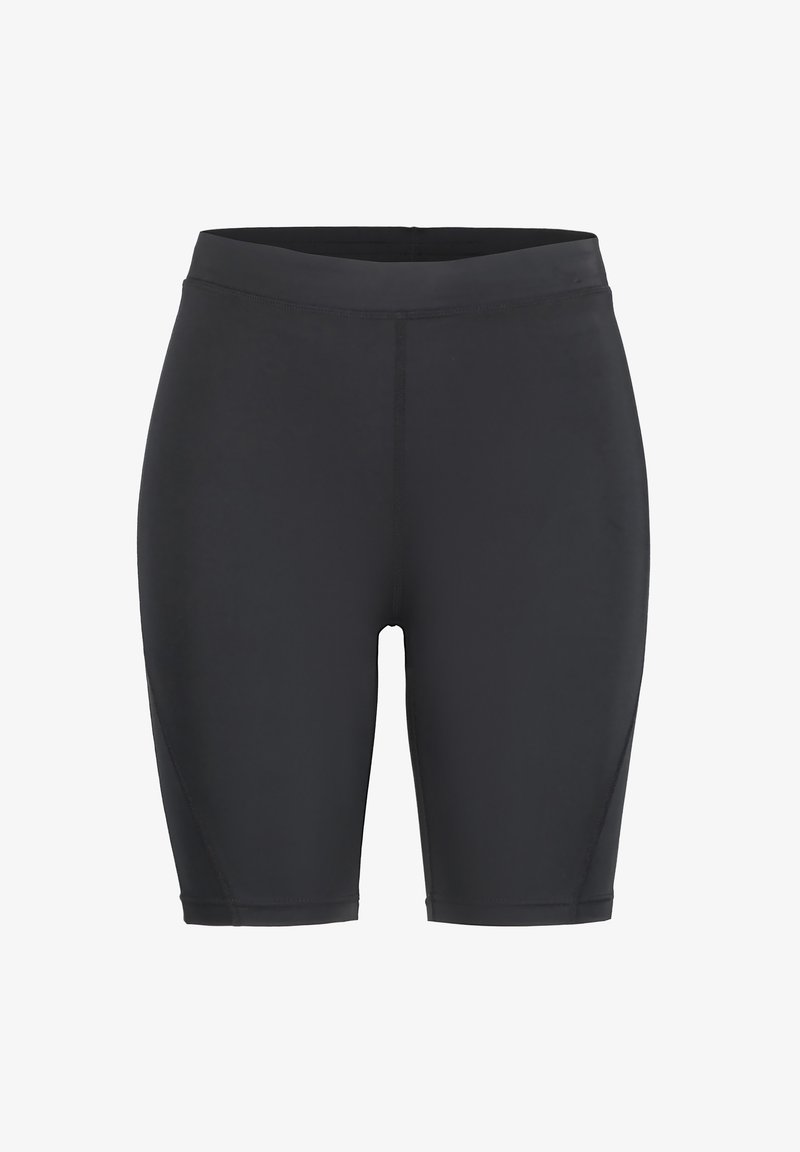 Högmidjade svarta cykelshorts tillverkade av elastiskt material med en slät textur, med en åtsittande design och sömlös sömnad.