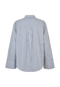 Stripet button-up skjorte i bomuldsblanding; har en afrundet bund, lange ærmer og lodrette navy og hvide striber over ryggen.