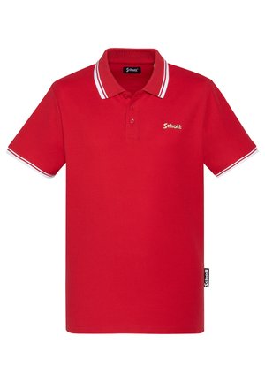 Chemise polo rouge en coton, avec finitions blanches sur le col et les manches, patte de boutonnage à trois boutons et un petit logo sur la poitrine.