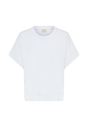 T-shirt blanc à manches courtes avec col rond, revers de manches retroussés et ourlet droit, présenté sur un fond blanc uni.