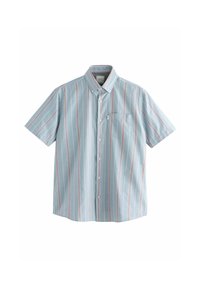 Camisa de botón de manga corta en azul claro con rayas verticales en rojo y blanco. Incluye un bolsillo en el pecho y un collar. Tejido de mezcla de algodón.