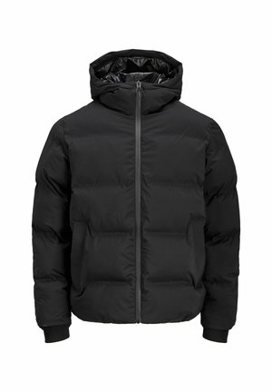 Schwarze gepolsterte Jacke mit Kapuze, ausgestattet mit einem Reißverschluss auf der Vorderseite, gerippten Ärmelbündchen und einer glatten Textur. Keine sichtbaren Logos oder Muster.